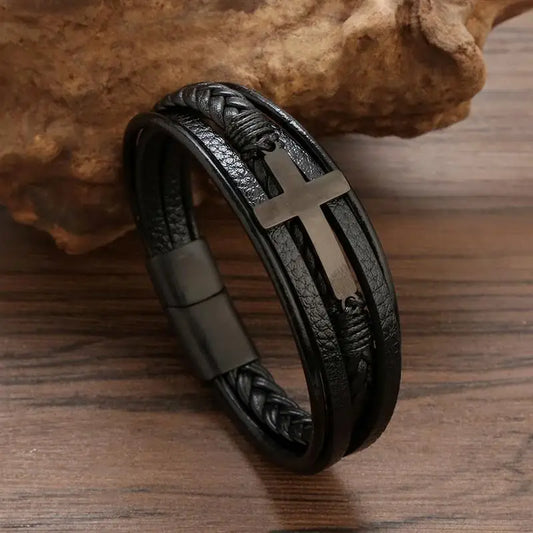 Men's Cross Leather Bracelet